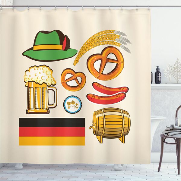 Abakuhaus Tenda Da Doccia Tedesca, Simboli Dell'oktoberfest, Salsiccia Di Grano, Birra E Bretzel, Composizione Bavarese Colorata, 175 X 240 Cm, Multicolore-image