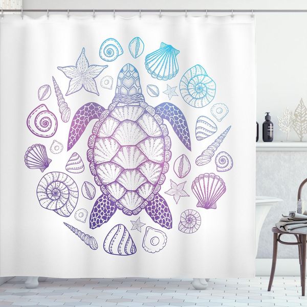 Abakuhaus Tenda Da Doccia Tartaruga, Fauna Marina Colorata Con Effetto Sfumato, Conchiglie E Tartaruga Disegnate A Mano, 175 X 200 Cm, Viola, Acquamarina, Rosa-image