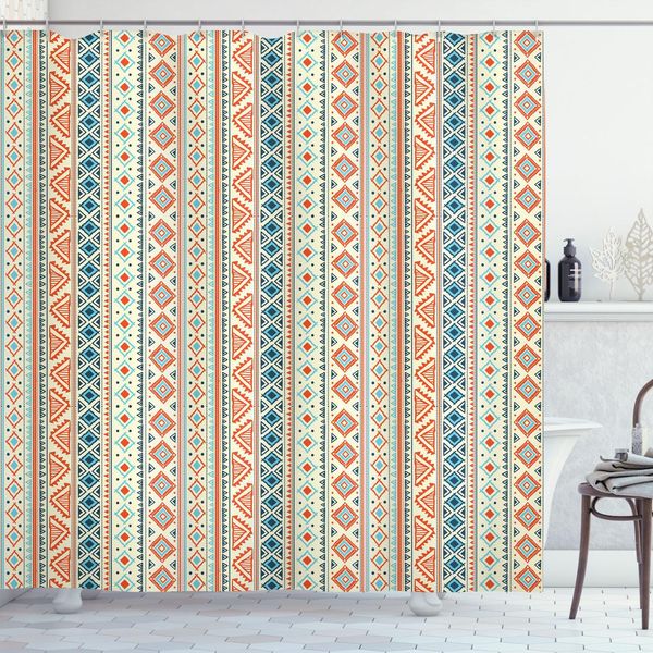 Abakuhaus Tenda Da Doccia Africana, Bordi Geometrici Verticali Con Decorazioni Tribali Motivo Folcloristico, 175 X 220 Cm, Arancione Blu Giallo Pallido-image