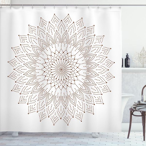 Abakuhaus Tenda Da Doccia Brown Mandala, Stile Puntinista, Opera D'arte Ispirata Al Ricamo All'uncinetto, Stampa Mandala Con Pois, 175 X 240 Cm, Bianco E Marrone-image