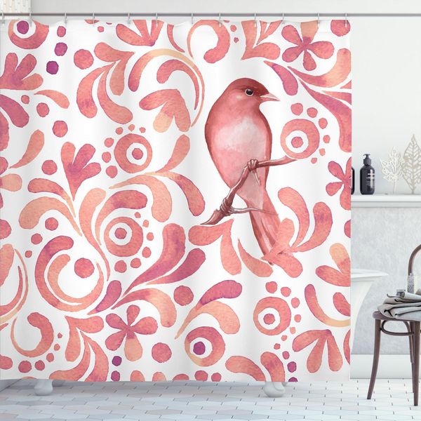 Abakuhaus Tenda Da Doccia Con Uccelli, Motivo Autentico A Volute, Morbido Uccellino Acquerellato Su Un Ramo, 175 X 180 Cm, Corallo, Salmone E Pesca-image