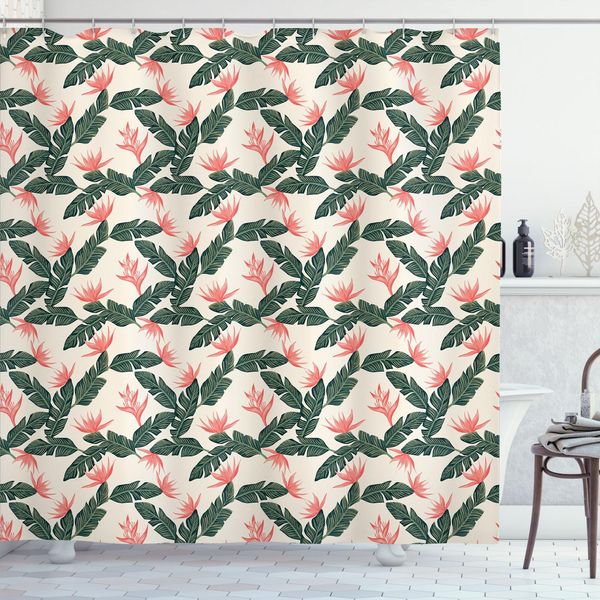 Abakuhaus Tenda Da Doccia Urwald, Stile Retrò Con Motivi Naturali Dell'isola Con Foglie, Uccelli Del Paradiso E Fiori, 175 X 200 Cm, Verde Militare, Rosso Corallo, Avorio-image
