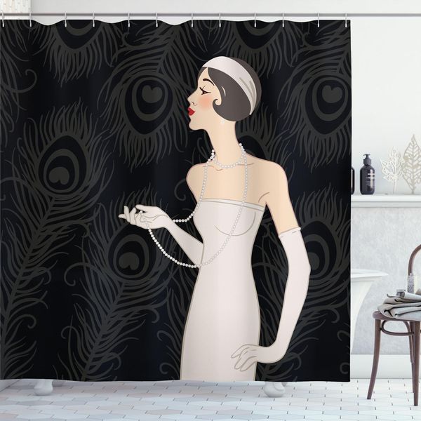 Abakuhaus Tenda Da Doccia Old Hollywood, Pale Skin Lady Con Abito Lungo Bianco Su Sfondo Art DéCo, 175 X 240 Cm, Charcoal Grey Beige-image