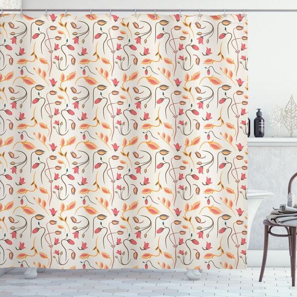Abakuhaus Tenda Da Doccia Con Motivi Floreali, Fioritura Estiva, Bellezza Botanica, Boccioli, Stagione Rigogliosa, Design Naturale, 175 X 180 Cm, Corallo Scuro E Cocco-image