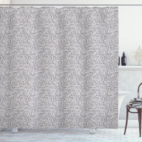 Abakuhaus Tenda Da Doccia Grigia, Linee Ricciolute Disegnate A Mano In Modo Astratto E Volute In Tonalità Di Grigio, Decorazione Retrò Con Onde, 175 X 180 Cm, Grigio-image