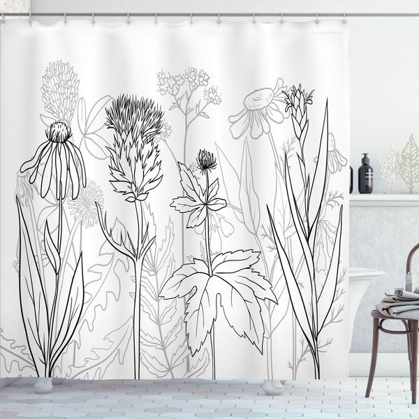 Abakuhaus Tenda Da Doccia Distel, Motivo Botanico Ed Erbe Aromatiche Come Silhouette, Stampa Fiori Selvatici, 175 X 200 Cm, Grigio Chiaro Bianco-image