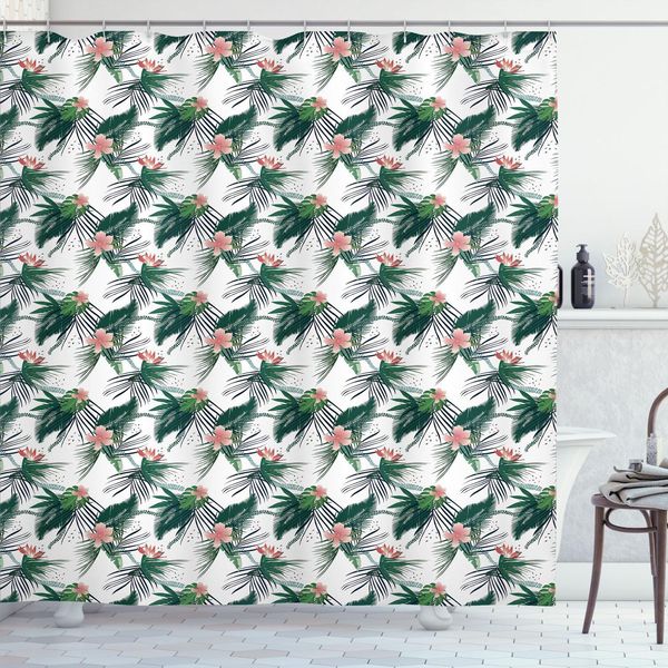 Abakuhaus Tenda Da Doccia Urwald, California Subtropicale-Brasile Botanica Verde Naturale Foglie Fiori, 175 X 180 Cm, Verde Cacciatore Corallo Bianco-image