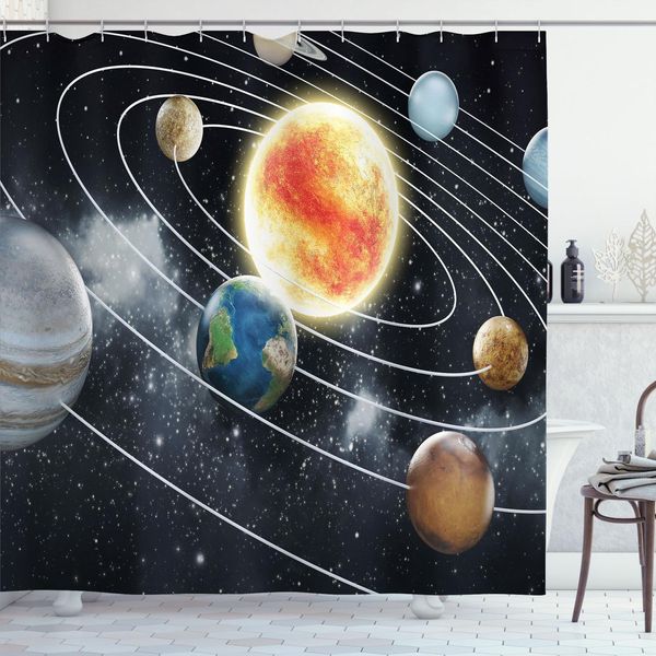 Abakuhaus Tenda Da Doccia Spaziale, Sistema Solare Con Pianeti, Elementi Dell'universo, Sole, Terra, Marte E Urano, 175 X 240 Cm, Multicolore-image