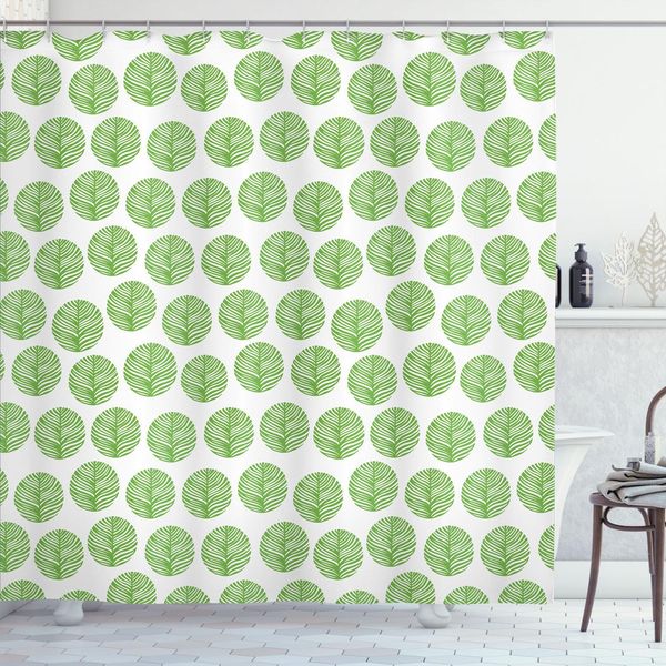 Abakuhaus Tenda Da Doccia Verde E Bianca, Disegnata A Mano Composizione Di Fogliame Primaverile Dai Toni Verdi Tema Ambientale, 175 X 200 Cm, Verde E Bianco-image