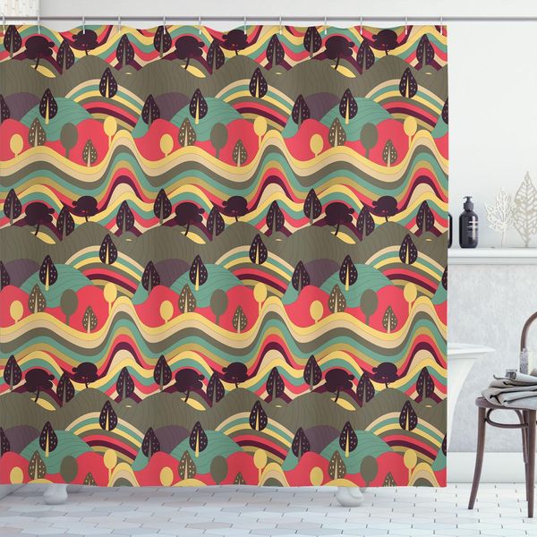 Abakuhaus Tenda Da Doccia Psichedelica, Paesaggio Retrò Con Alberi Astratti E Illustrazione Di Colline A Strisce, 175 X 200 Cm, Multicolore-image