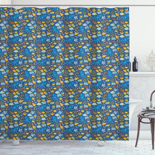 Abakuhaus Tenda Da Doccia Nautica, Composizione Di Pesci Polpo E Coralli, Illustrazione Di Animali Marini Su Sfondo Blu, 175 X 220 Cm, Multicolore-image