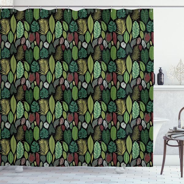 Abakuhaus Tenda Da Doccia Botanica, Varietà Di Foglie In Stile Vintage Tropical, Tema Natura Foresta Tropicale Rigogliosa, 175 X 220 Cm, Multicolore-image