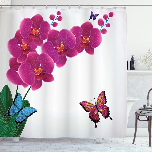 Abakuhaus Tenda Da Doccia Orchidee, Composizione Botanica Con Bouquet Di Orchidee Rosa E Farfalle Colorate, 175 X 220 Cm, Multicolore-image
