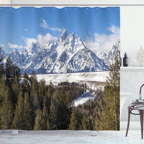 Abakuhaus Wyoming Tenda Da Doccia, Splendido Paesaggio Del Grand Teton Neve Tempo Nuvoloso Motivo Fotografico, 175 X 240 Cm, Multicolore Verde-image