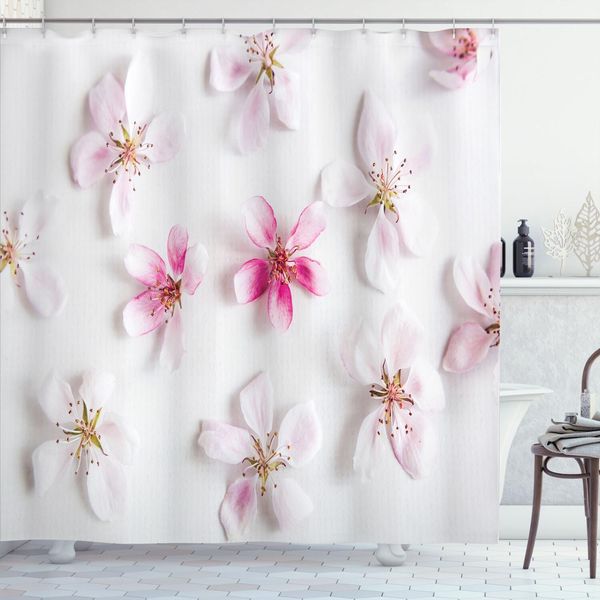 Abakuhaus Tenda Da Doccia Con Motivo Fiori Di Mandorlo, Tema Amore, Motivo Floreale Primaverile Con Petali Di Sakura, 175 X 200 Cm, Rosa Baby, Rosa, Bianco-image