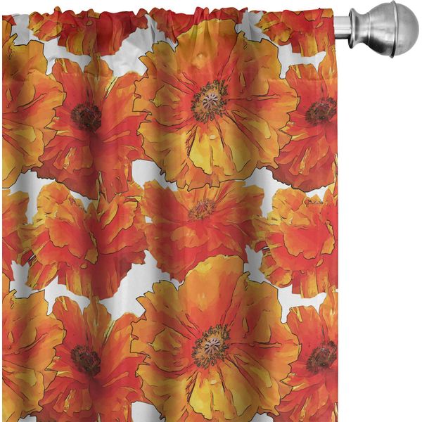 Abakuhaus Tende Arancioni, Tende, Grandi Papaveri Boemi In Fiore Su Sfondo Antico, Design Grafico, 2 Pezzi 75 X 245 Cm, Arancione Bruciato E Bianco-image