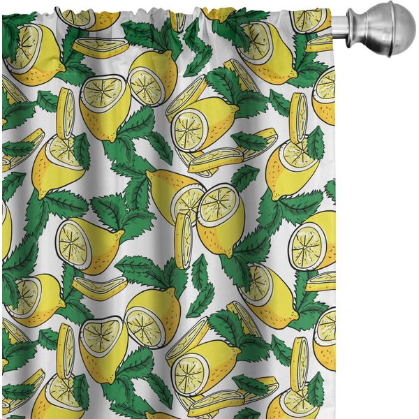 Abakuhaus Tende Alla Menta, Tende, Foglie Di Limone Moderne Hipster Frutta Fresca Illustrazione Tropicale Carina E Salutare, 2 Pezzi 75 X 175 Cm, Verde Bianco Giallo-image