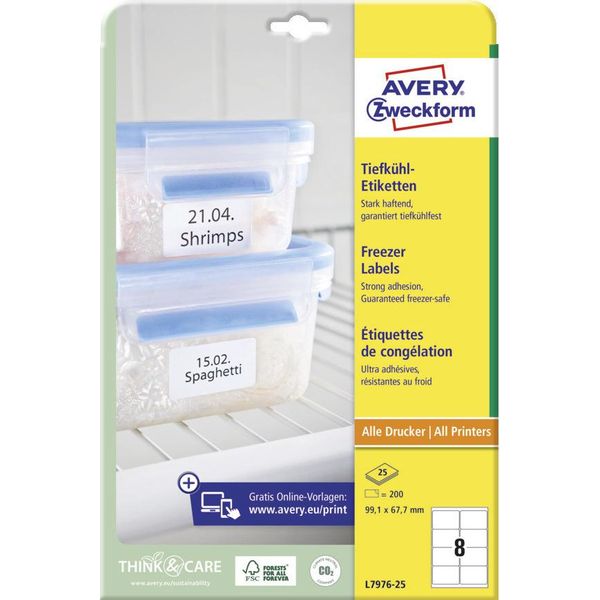 Avery Zweckform L7976-25 Etichette Per Congelatori, 99,1 X 67,7 Mm, Carta Resistente Al Freddo, 25 Fogli/200 Etichette, Bianco-image