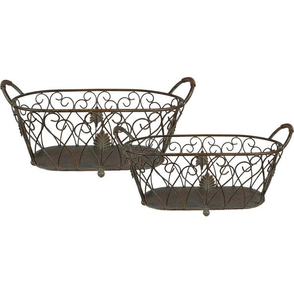 Cesto Portaoggetti Clayre & Eef Set Di 2 60X30X26 / 49X23X22 Cm Ferro Verde Marrone-image