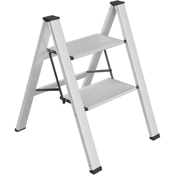 Scala A Gradini Pieghevole, Alluminio Leggero, Gradini Antiscivolo, Argento Scala A 2 Gradini-image