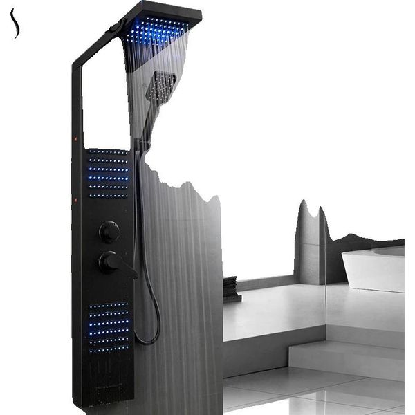 Pannello Doccia A Pioggia A Led, Acciaio Inossidabile Resistente, Design Contemporaneo, Nero Opaco-image