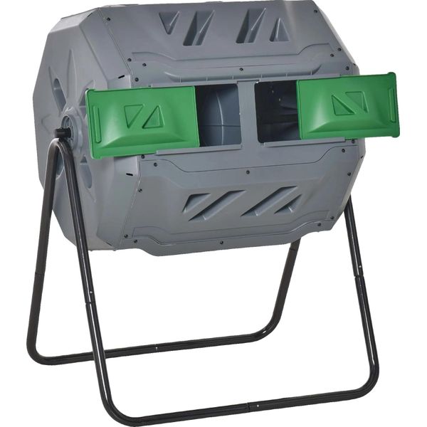 Compostiera Rotante, Doppia Camera, Struttura In Metallo, Capacità 160L, Grigio E Verde-image