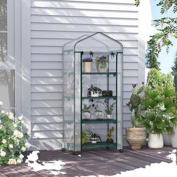 Serra, 4 Ripiani, Copertura In Pvc Trasparente, Mobile Con Ruote, Bianco-image