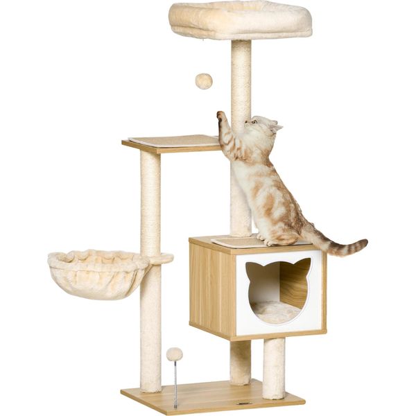 Albero Per Gatti, Quattro Livelli, Amaca Accogliente, Materiali Robusti, Beige, 48X40X126 Cm-image