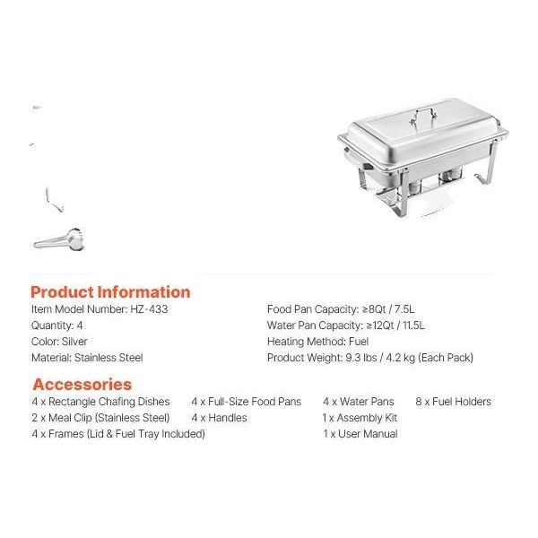 Chafing Dish, Capacità 8 Qt, Struttura In Acciaio Inox, 4 Confezioni-image
