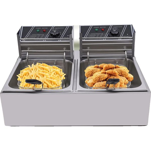 Friggitrice Elettrica, Potenza 3200W, Capacità 127QT, Intervallo Di Temperatura 140°F-392°F, Struttura In Acciaio Inox, Doppio Cestello Per Friggere-image