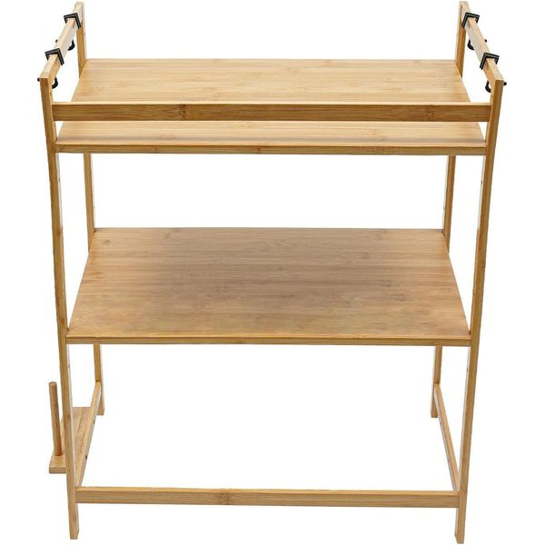 Portatutto - Supporto Per Microonde - Bambù - 2 Livelli - 4 Ganci - 55×35×67 Cm - 10-12,5 Kg Per Livello - Altezza Da Terra 36 Cm - Cachi Scuro-image