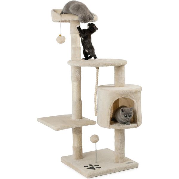 Tiragraffi Lionto Per Gatti Alto 112 Cm, Con Grotta, Corda In Sisal, Palline Di Peluche E Supporto A Parete, Albero Da Arrampicata Compatto, Beige-image