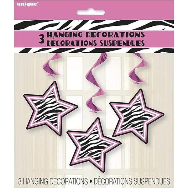 Unique Party - Motivo Zebra - Decorazione Da Appendere 3-Pack - Carta SG28777 (Taglia Unica) (Rosa/Nero/Bianco)-image