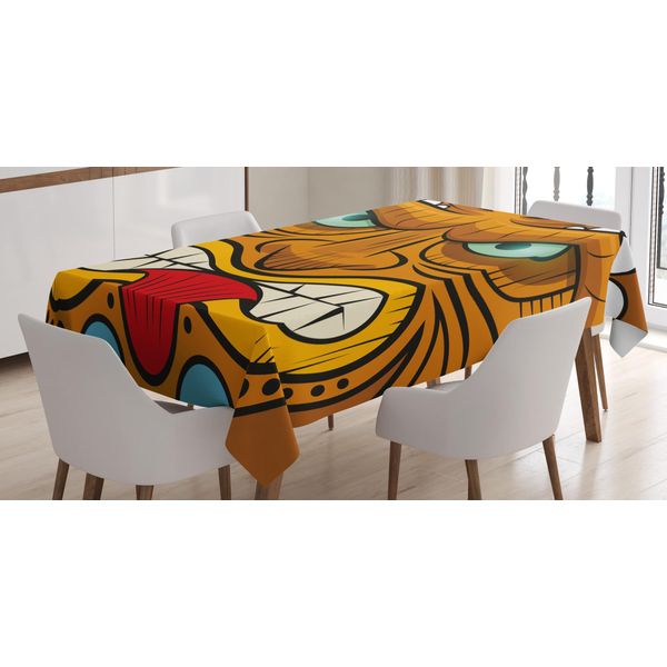Tovaglia Abakuhaus Tiki Bar, Stampa Colorata Con Icone Totemiche E Maschere Di Guerrieri Tiki Dall'aspetto Arrabbiato In Stile Caricaturale, 140 X 240 Cm, Multicolore-image