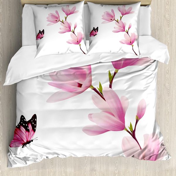 Set Copripiumino Abakuhaus Natur, Motivo Floreale Con Fiori Rosa E Farfalle Immagine Fresca Della Stagione Primaverile, 155 X 220 Cm + 80 X 80 Cm, Rosa Marrone Bordeaux-image