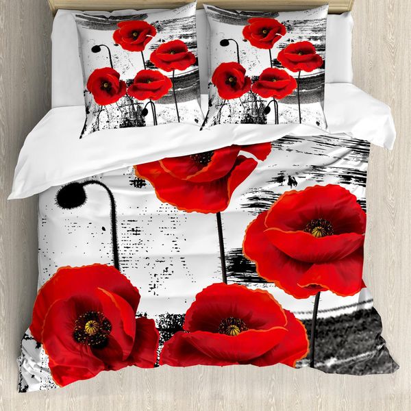 Abakuhaus Set Copripiumino Mohn, Composizione Di Fiori Sbocciati Su Sfondo Grunge Pennellato, 155 X 220 Cm + 80 X 80 Cm, Grigio Vermiglio-image