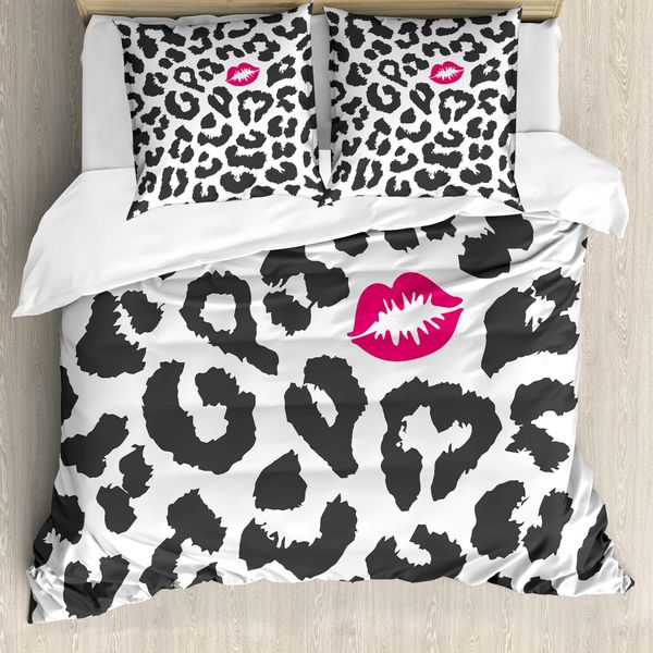 Set Copripiumino Abakuhaus Safari, Stampa Animali Leopardo E Ghepardo, Forma Bacio, Rossetto, Pois, 200 X 200 Cm + 80 X 80 Cm, Grigio Antracite E Rosa-image