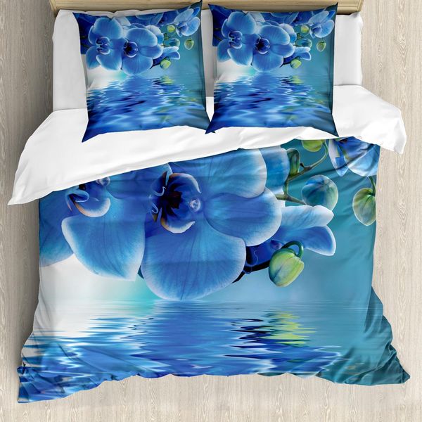 Set Copripiumino Abakuhaus Blume, Orchidee Asiatiche E Fiori Naturali Riflessi Sull'acqua Per Un Rilassante Motivo Primaverile, 155 X 220 Cm + 80 X 80 Cm, Blu-image