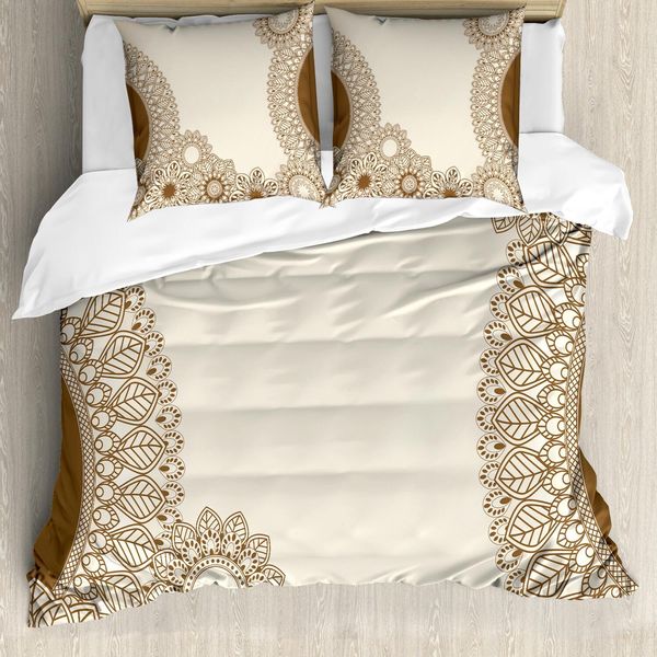 Abakuhaus Set Copripiumino Vintage, Disegni Mandala In Stile Antico Realizzati A Mano, Motivi Ispirati Alla Natura, 155 X 220 Cm + 80 X 80 Cm, Color Caramello-image