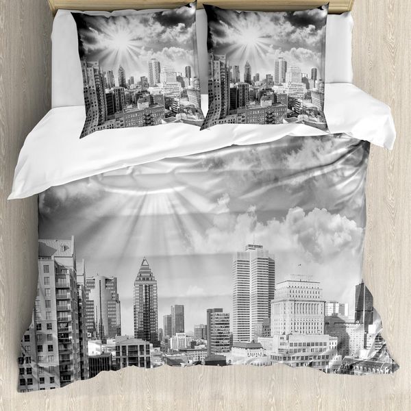 Abakuhaus Set Copripiumino Bianco E Nero, Panorama A Volo D'uccello Di Montreal, Canada, Con Grattacieli, 155 X 220 Cm + 80 X 80 Cm, Bianco, Nero E Grigio-image