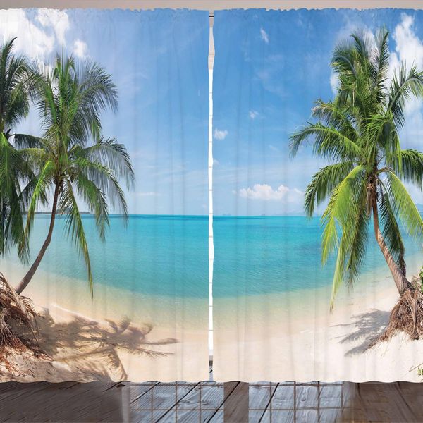 Tenda Arande Ocean, Stampa Panoramica Con Vista Su Spiaggia Tropicale Sabbiosa A Tema Vacanze Esotiche, 280 X 175 Cm, Marrone Chiaro Turchese-image