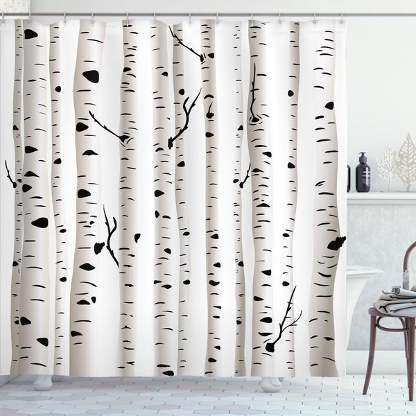 Abakuhaus Tenda Da Doccia In Betulla, Illustrazione Botanica Stagionale Della Foresta Con Rami Spogli, 175 X 180 Cm, Bianco E Nero-image