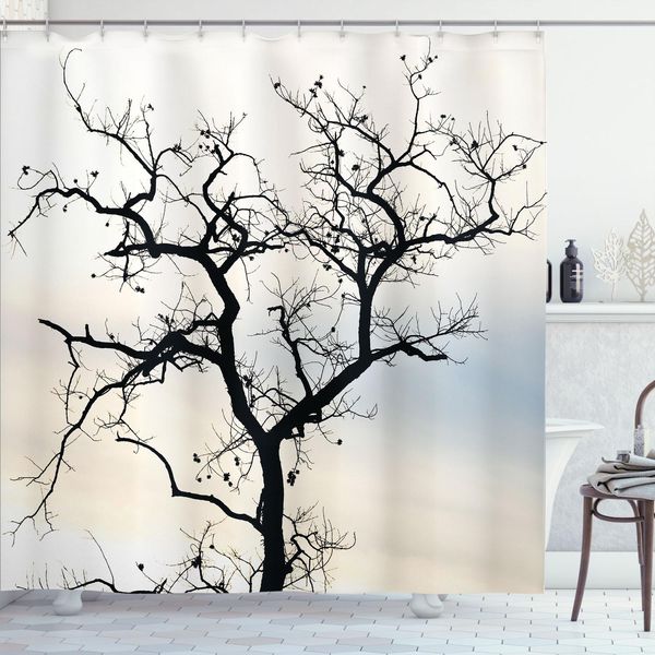 Abakuhaus Tenda Da Doccia Wald, Albero Autunnale, Rami Neri, Stampa Artistica In Bianco E Nero Con Silhouette, 175 X 200 Cm, Grigio Nero-image