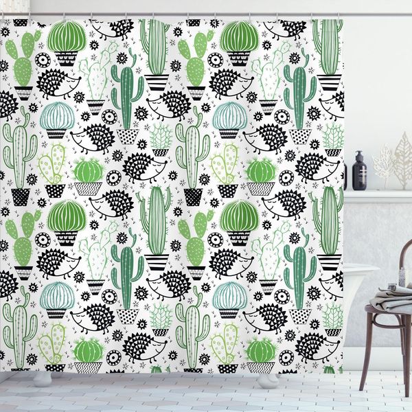 Abakuhaus Tenda Da Doccia Cactus, Stile Cartone Animato Disegno Caricaturale Riccio Animali Motivi Saguaro E Fico D'india, 175 X 220 Cm, Multicolore-image