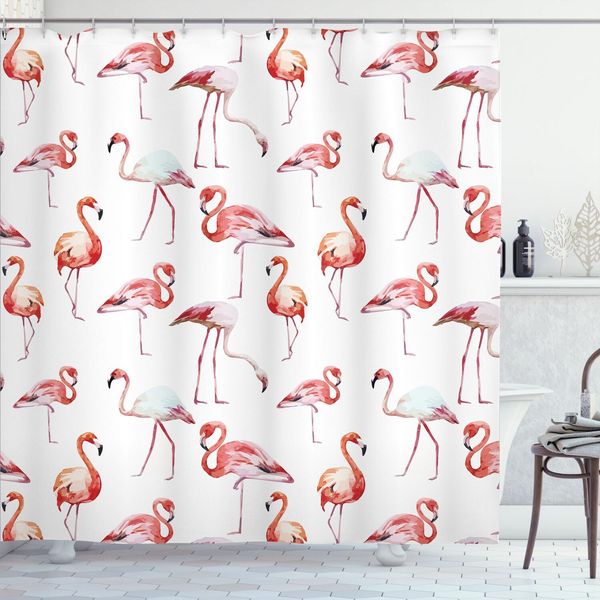 Abakuhaus Tenda Da Doccia Flamingo, Motivo Ripetuto Acquerellato Con Uccelli Esotici Immagine A Tema Animale, 175 X 220 Cm, Rosa Pallido Corallo-image