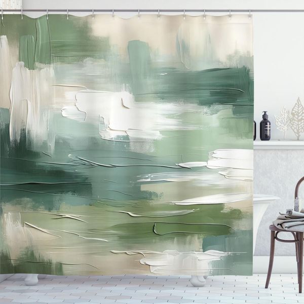 Abakuhaus Tenda Da Doccia Verde, Design Astratto Con Stampa A Pennellate In Tonalità Pastello E Celtiche, 175 X 240 Cm, Ardesia Marrone Bianco Verde Acqua-image