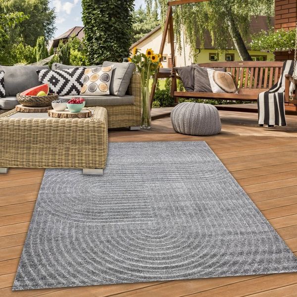 Tappeto Moderno Per Esterni Resistente Alle Intemperie Per Terrazze E Balconi In Stile Boho Di Alta Qualità E Di Facile Manutenzione Color Antracite - 140 X 200 Cm-image
