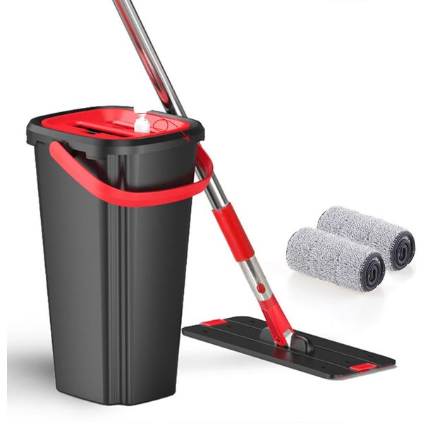 Set Di Mop E Secchi Per Pavimenti Piatti Sistema Di Pulizia A Mani Libere Con Strizzatura Home Wash & Dry - 2X Pad In Microfibra-image