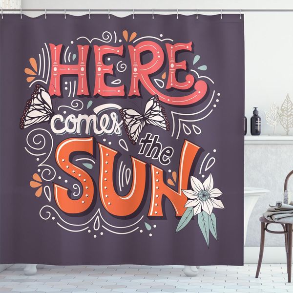 Abakuhaus Ecco Che Arriva Il Sole Tenda Da Doccia, Design Vintage Con Calligrafia A Tema Primaverile Fiori Farfalle, 175 X 220 Cm, Multicolore-image