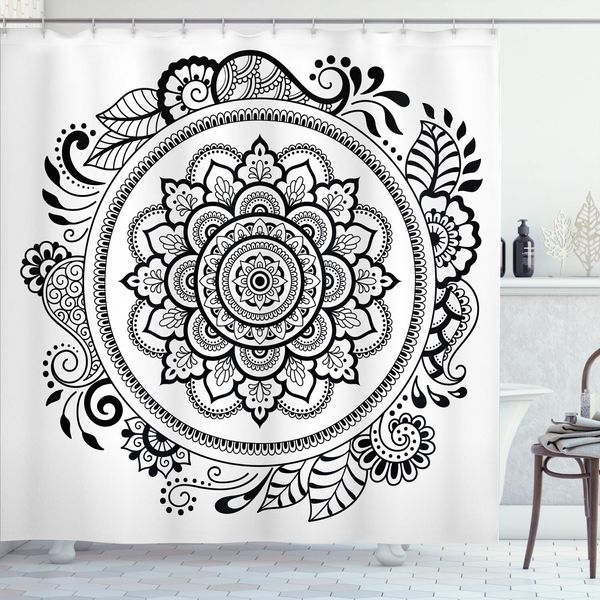 Abakuhaus Tenda Da Doccia Etnica, Motivo Mandala Circolare, Illustrazione Monocromatica Su Sfondo Neutro, 175 X 240 Cm, Grigio Antracite E Bianco-image